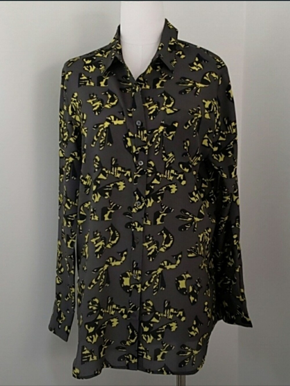 Banana Republic Silk Blouse in Charcoal Gray with Lime Print